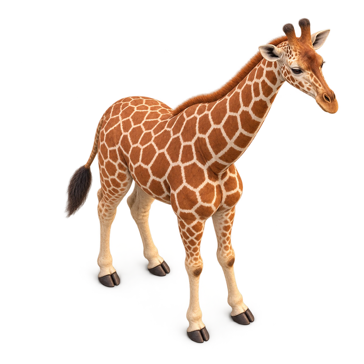 Realistic reticulated giraffe viewed from above with chestnut patches