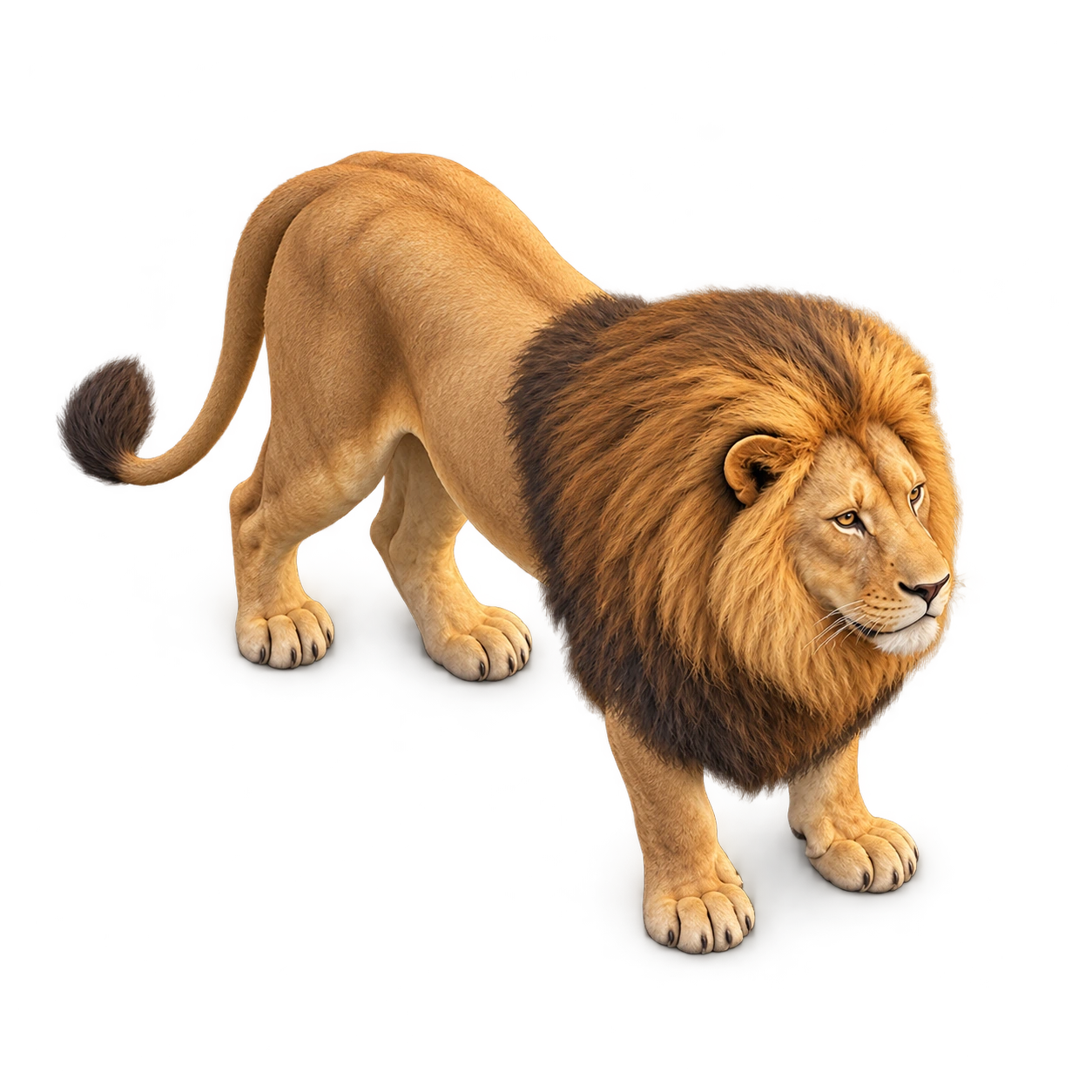 Realistic male African lion viewed from above with a detailed golden mane
