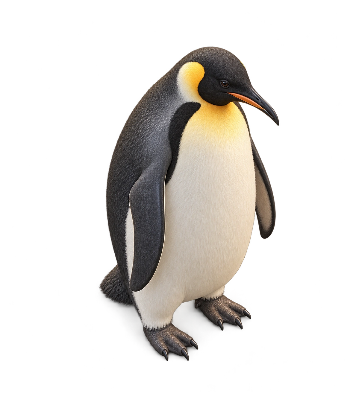 Realistic emperor penguin viewed from above with black and white feathers and yellow neck markings