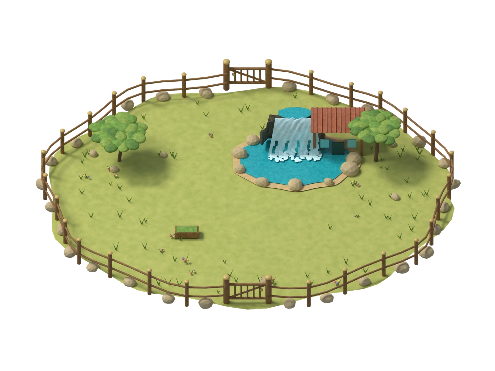 Savanna habitat with trees, a pond, shelter and fenced gates