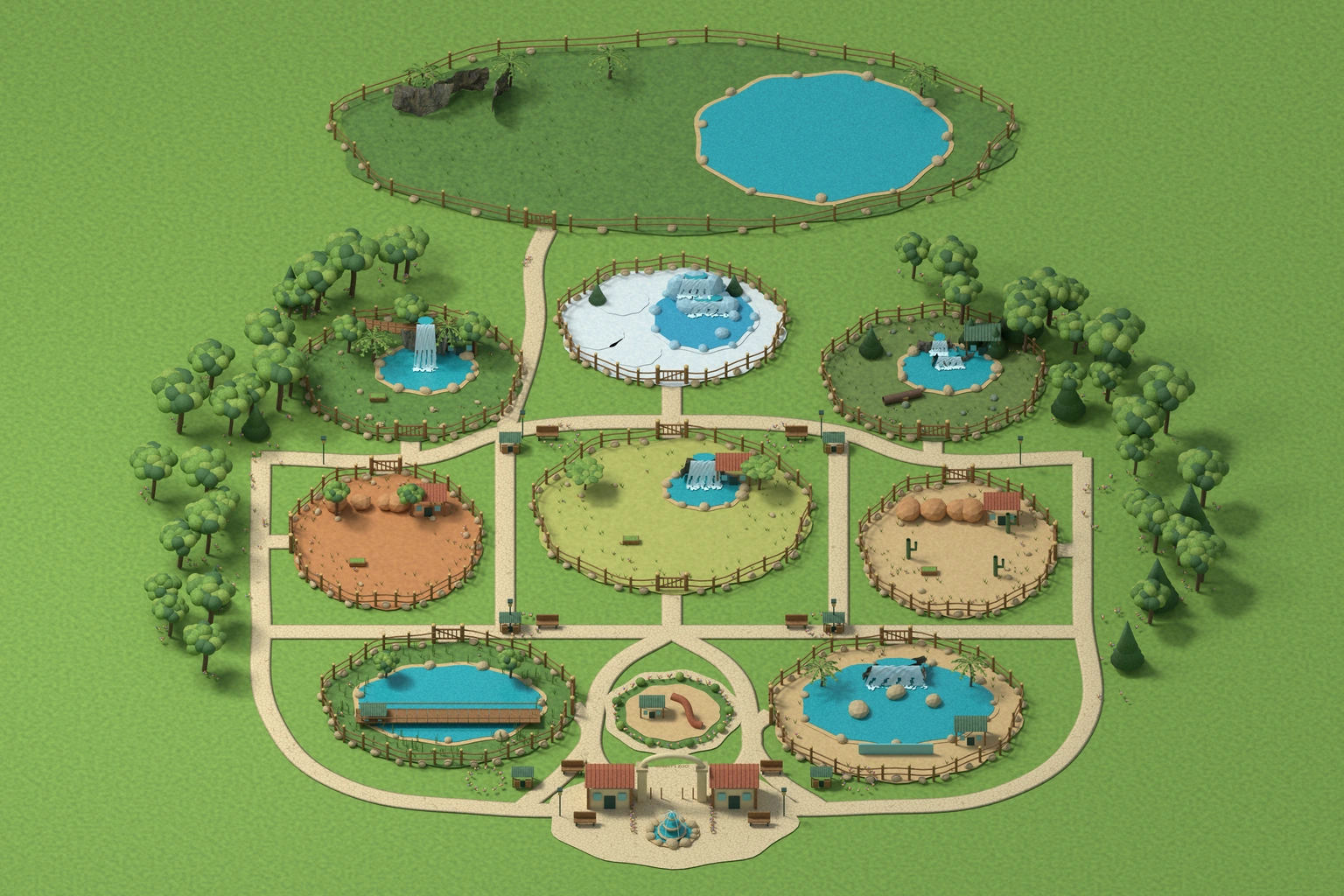 An original editable Blender zoo with eight spacious habitats, a landscaped entrance and woodland borders.