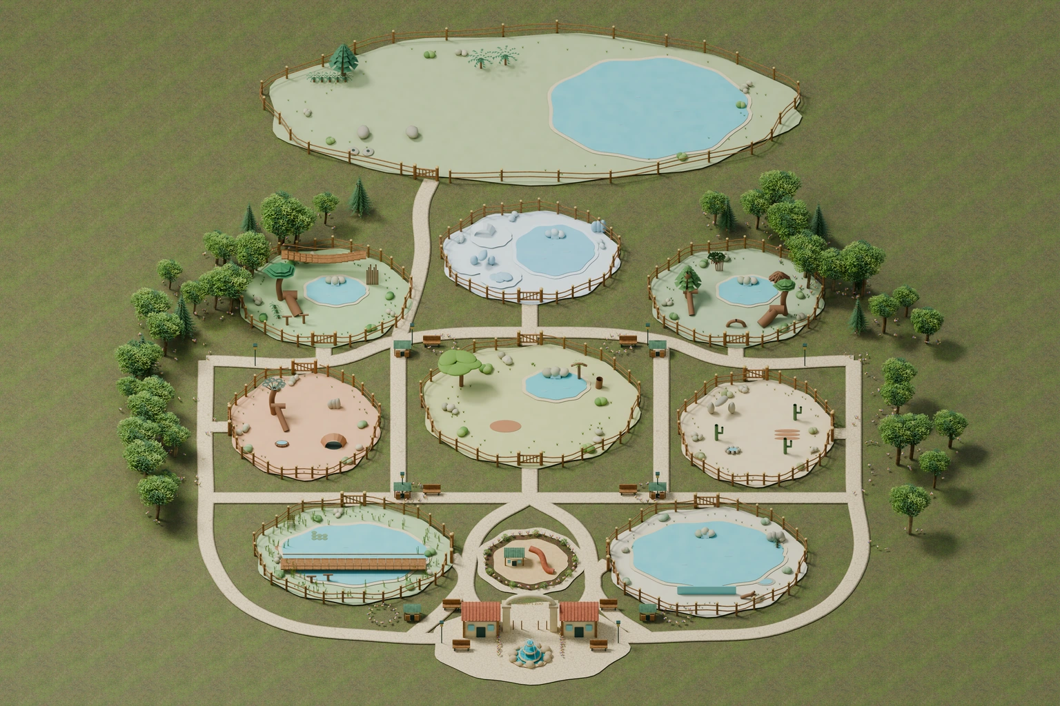 Your zoo: nine habitats, woodland paths and an open dinosaur reserve.